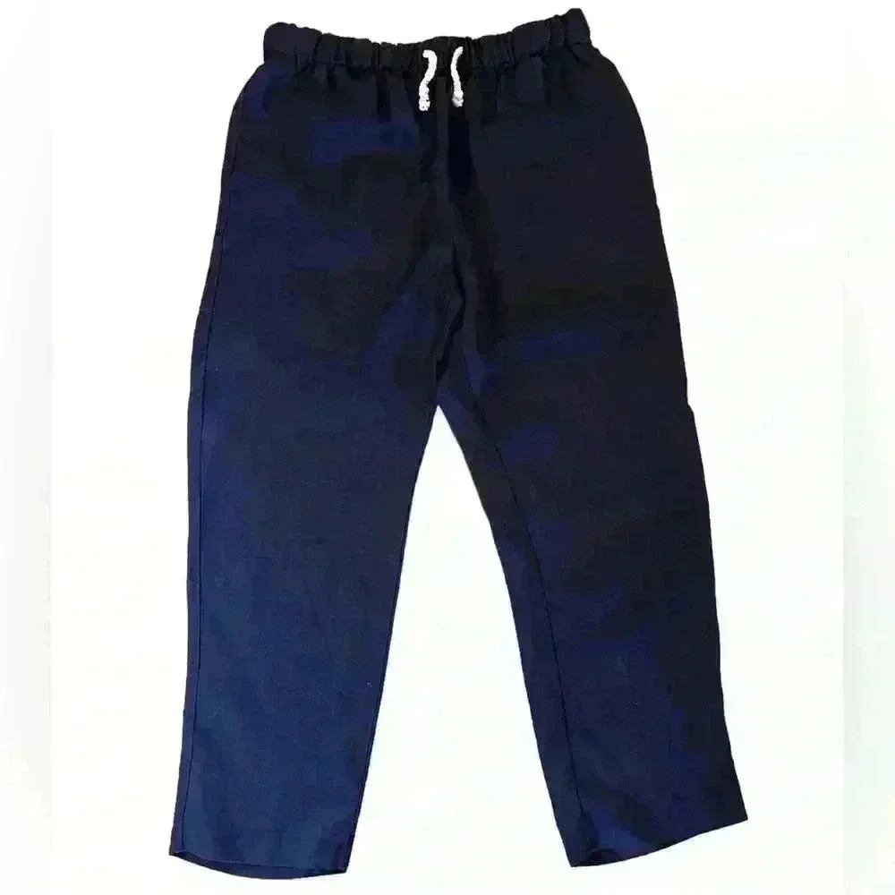Zara Navy Linen-Blend High-Waist Drawstring Trouser Pant Size Small EUC Pockets